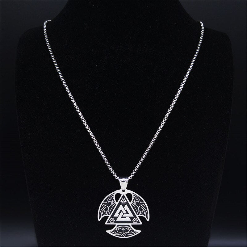 Norse Viking Valknut Necklace Stainless Steel Ax Pendant Necklace for Men Trinity Amulet Jewelry gargantilla N4022S02