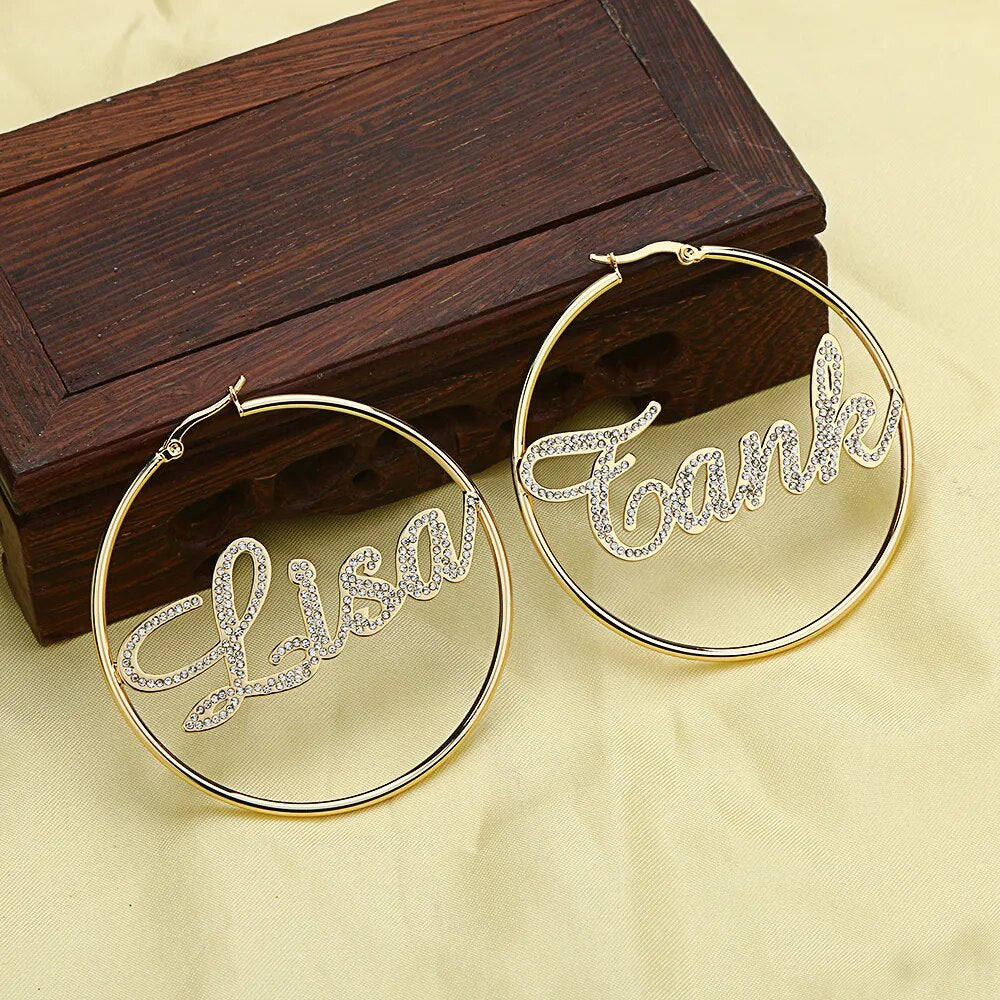 40mm-100mm Crystal Name Earrings Nameplate Custom Hoop Earring for women Wedding Dubai Trendy Earrings boucle d&#39;oreille femme