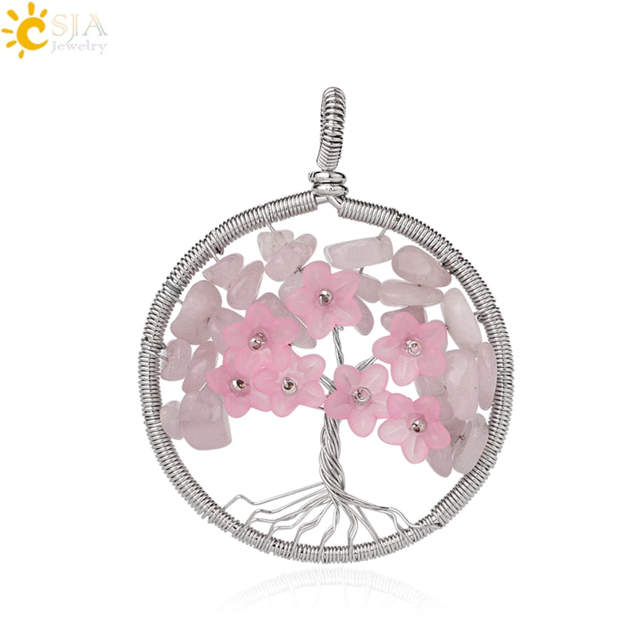 CSJA's Silver-Colored Tree of Life Pendant Necklace with Natural Stone - Wire-Wrapped Quartz Crystal Chip Bead Flower - Reiki Jewelry for Women - Model G306