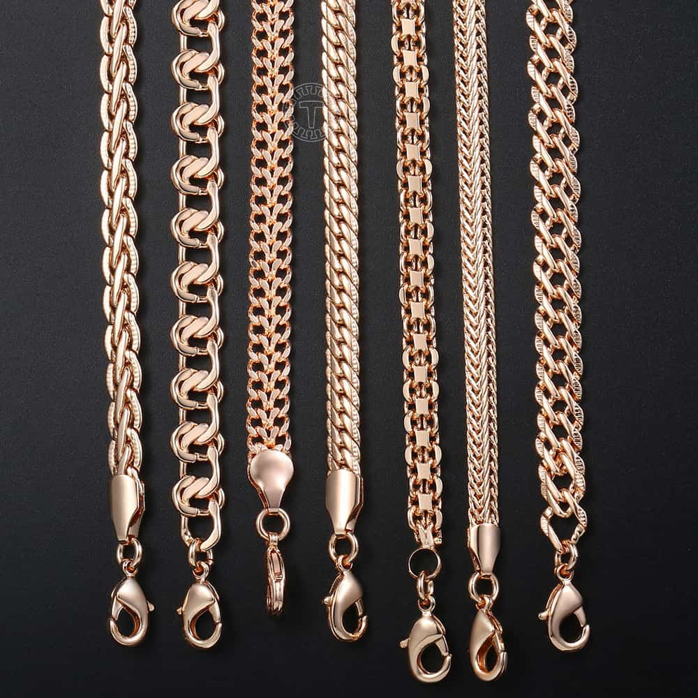 Davieslee Chain Necklace for Women Men 585 Rose Gold Color Necklace for Women Men Foxtail Hammered Bismark Chain 3-8mm DCNN1