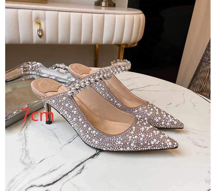 Pearl Slippers Shoes Women Basic 2023 Summer Flock Shiny Rhinestones Pointed Toe Flats Pearl Slippers Fashion Party Women Shoes