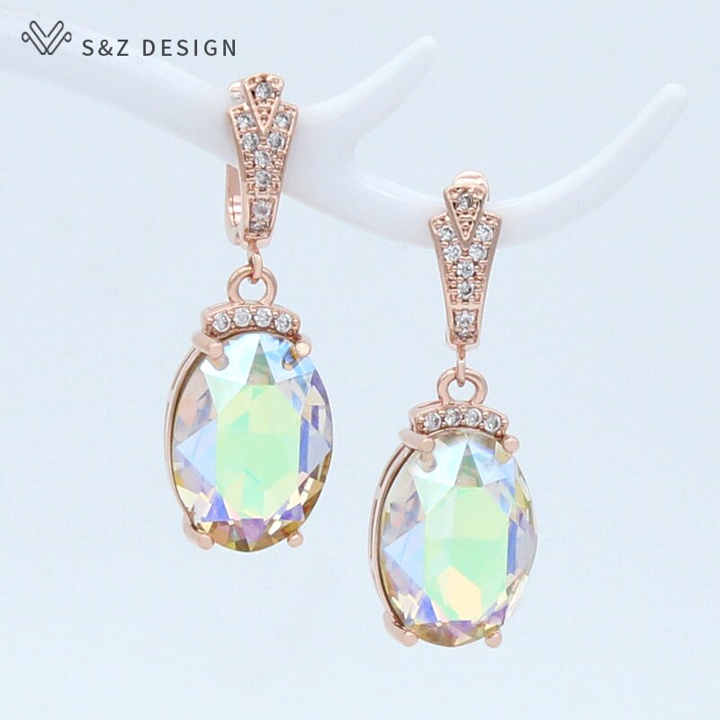 S&amp;Z DESIGN New Fashion Oval Large Crystal Dangle Earrings For Women Wedding Luxury Rose Gold Zirconia Jewelry