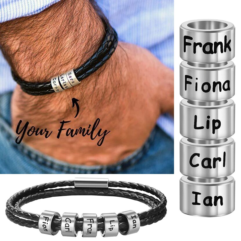 Customized Name Bracelet Stainless Steel Beads Genuine Leather Bangle Personalized Name Accessories Men Bracelets