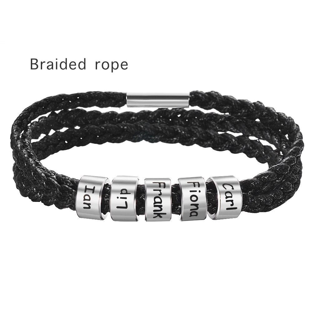 Customized Name Bracelet Stainless Steel Beads Genuine Leather Bangle Personalized Name Accessories Men Bracelets