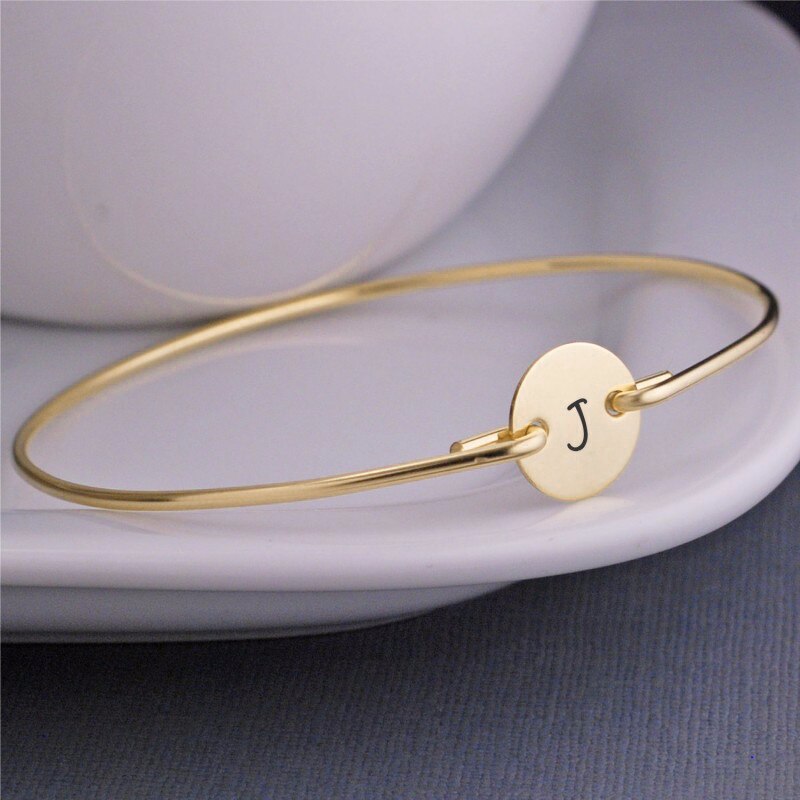 Vnox Name Initial Bangle for Women Girl Gold Tone Stainless Steel Personalize Letter Coin Cuff Bracelet Party Jewelry