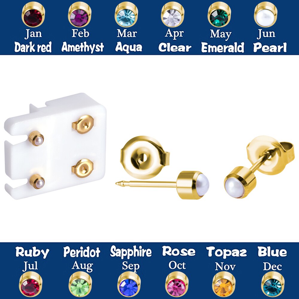 Birthstone CZ Ear Stud Earrings in Two Pieces with Gold Plated Steel or Stainless Steel Backs.