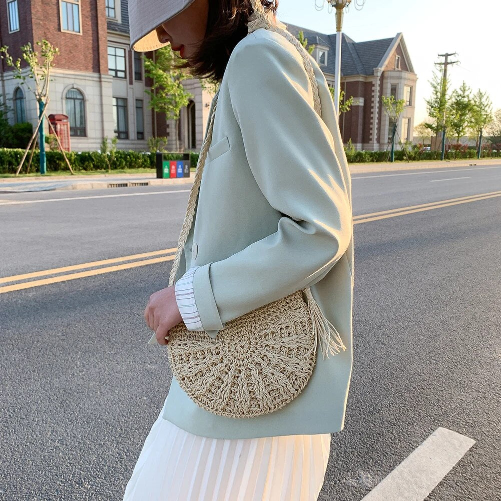 Women Fashion Straw Rope Handmade Woven Shoulder Messenger Bags 2021 Casual Solid Ladies Summer Vacation Beach Crossbody Bags