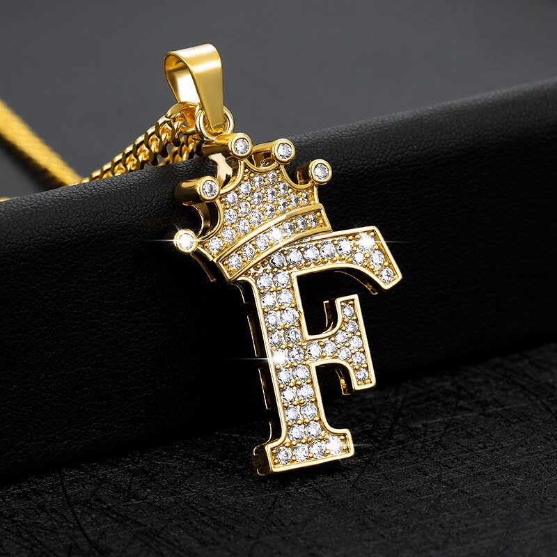 Crystal Zircon Alphabet Pendant Necklaces For Women Men Crown Initial Letter Necklace Hip Hop Chain Jewelry Collier Bijoux