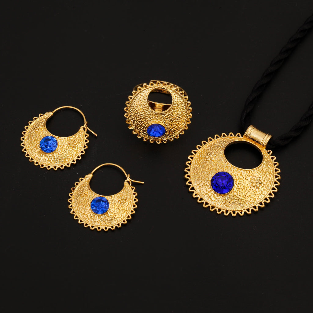 Blue Red Green Stone Ethiopian Pendant Necklaces Earrings Ring Gold Color Africa Bride Wedding Jewelry Set