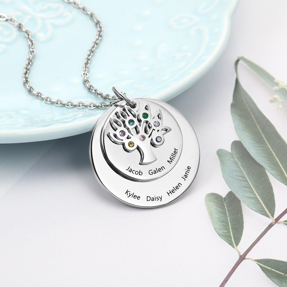 Personalized Family Name Engraved Necklaces for Women Tree of Life Stainless Steel Pendant Necklace with 7 Birthstones Jewelry