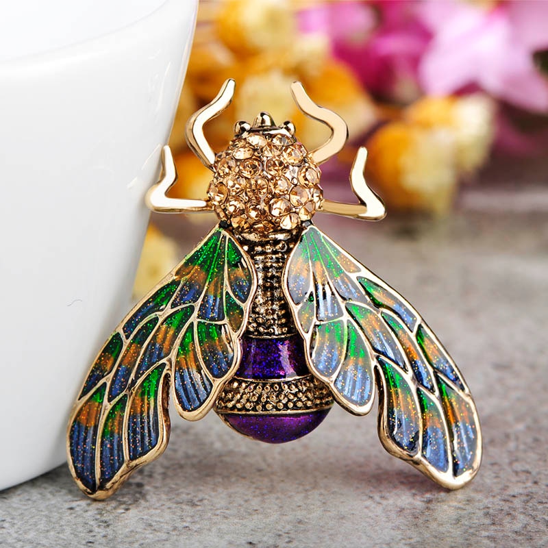 Blucome Beautiful Green Purple Enamel Insect Bee Brooch Crystal Gold-color Alloy Metal Brooches For Shoulder Scarf Sweater Pins