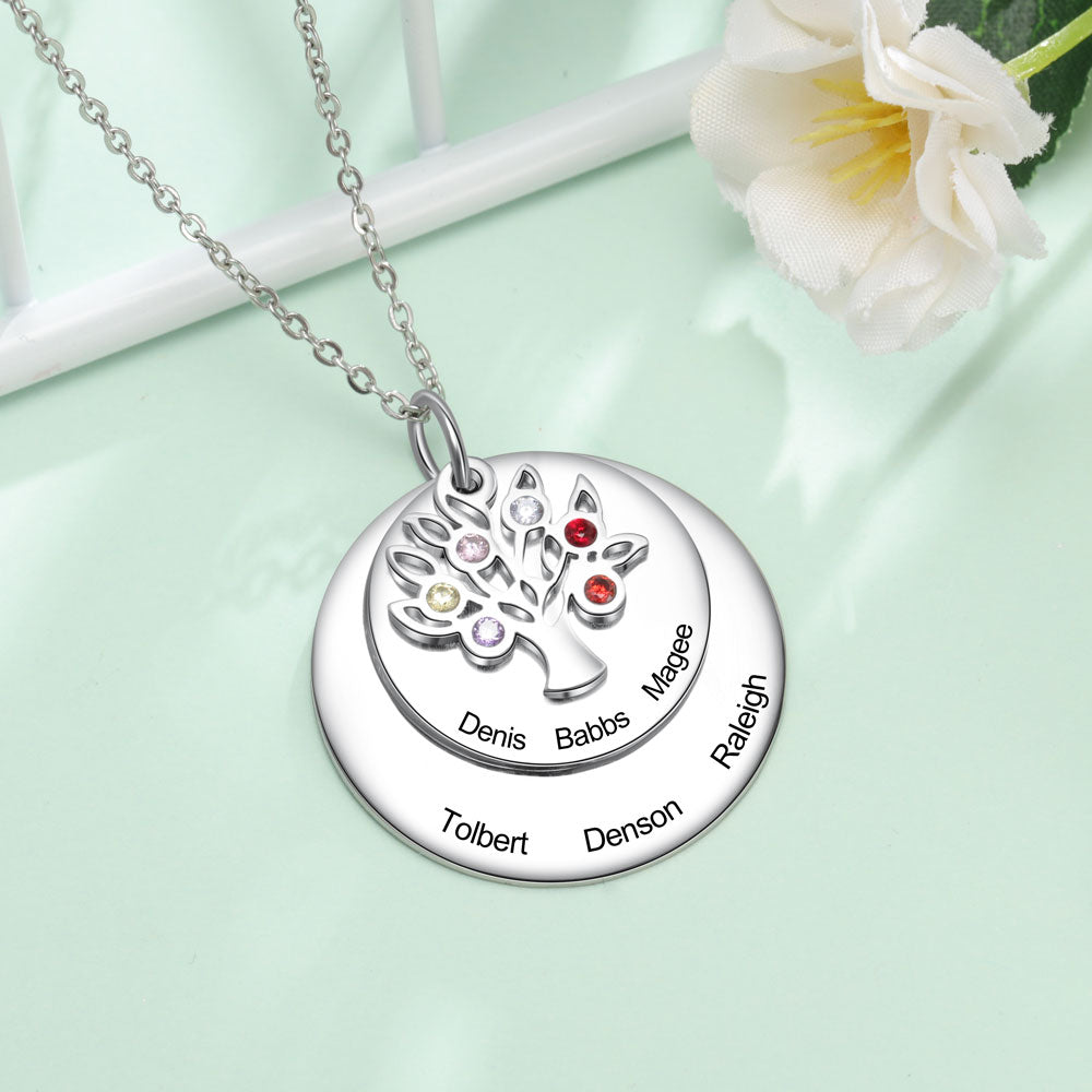 Personalized Family Name Engraved Necklaces for Women Tree of Life Stainless Steel Pendant Necklace with 7 Birthstones Jewelry