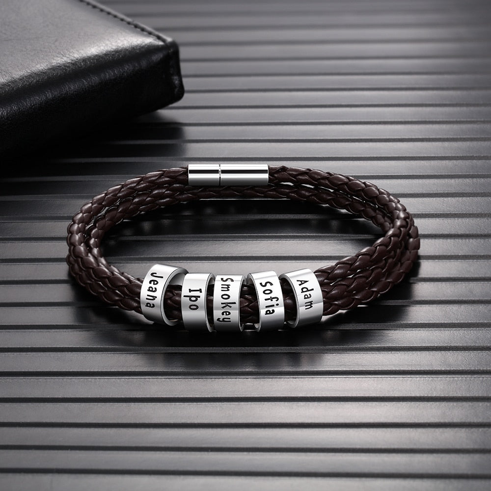 Customized 2-5 Names Beads Bracelets for Men Personalized Brown Braided Rope Leather Bracelet Male Jewelry Gift for Grandfather