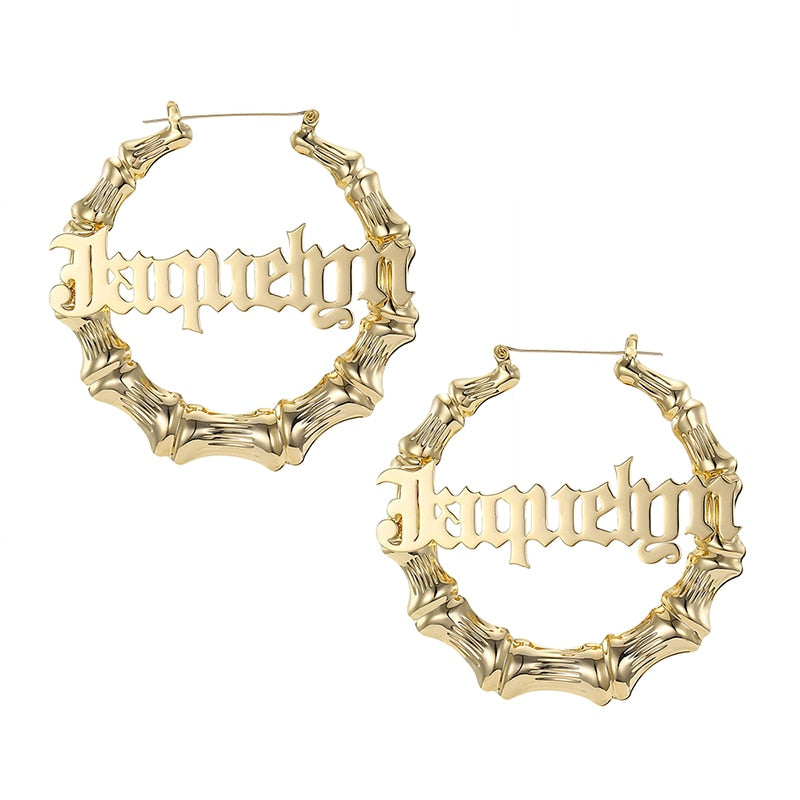 45mm-90mm Custom Bamboo Hoop Earrings Customize Name Earrings Bamboo Style Personality Earrings With Statement Words Hiphop Sexy