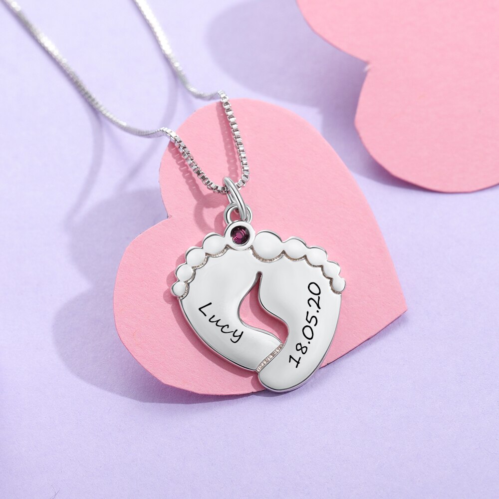 JewelOra Personalized Baby Feet Necklace with Birthstone Silver Color Custom Name Pendant Necklace Gift for Mother Mom Jewelry