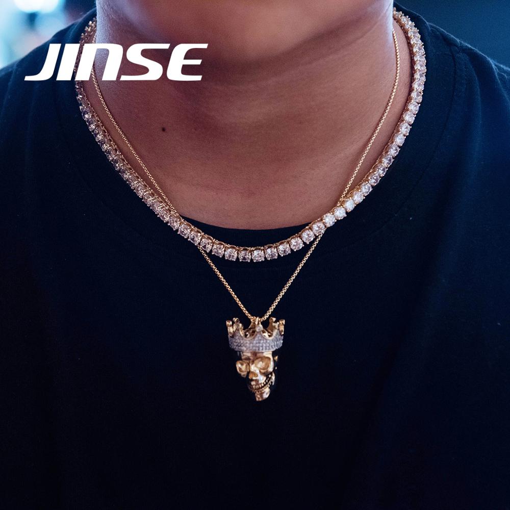 JINSE King Skull Shape Cubic Zirconia Skeleton Necklace For Men Women Vintage Crown Human Skulls Gothic Cosplay Jewelry Gifts