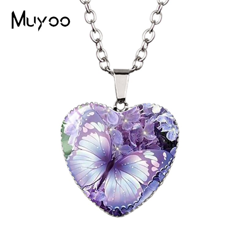 New Arrival Purple Blue Colorful Butterflies with Flower Heart Handcraft Jewelry Pendants Magical Butterfly Heart Necklace HZ3