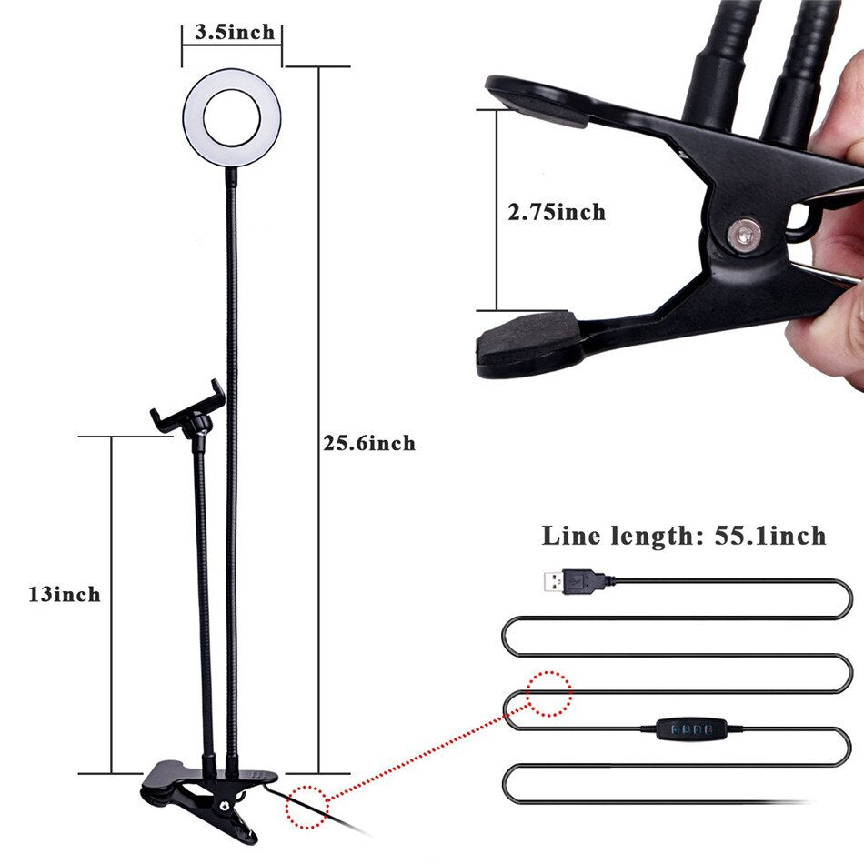 Flexible Monopod Mount Bracket with LED Round Circle Flash Light Lamp Tabletop Stand Tripods with Mobile Phone Holder for Video Bloggers
