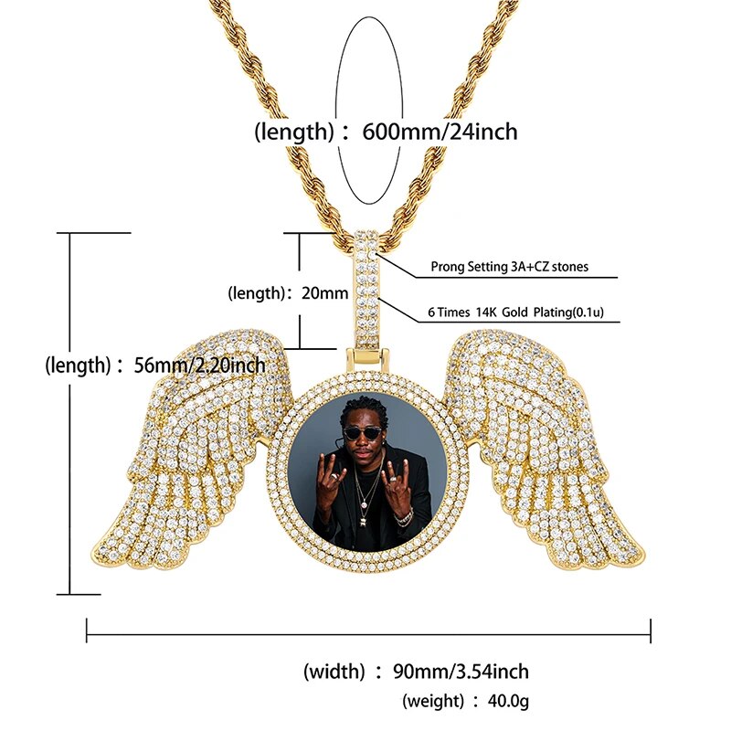 TOPGRILLZ New Angel Wings Custom Photo Medallion Pendant And Necklace Iced Out  Cubic Zirconia Pendant Hip Hop Jewelry Gift