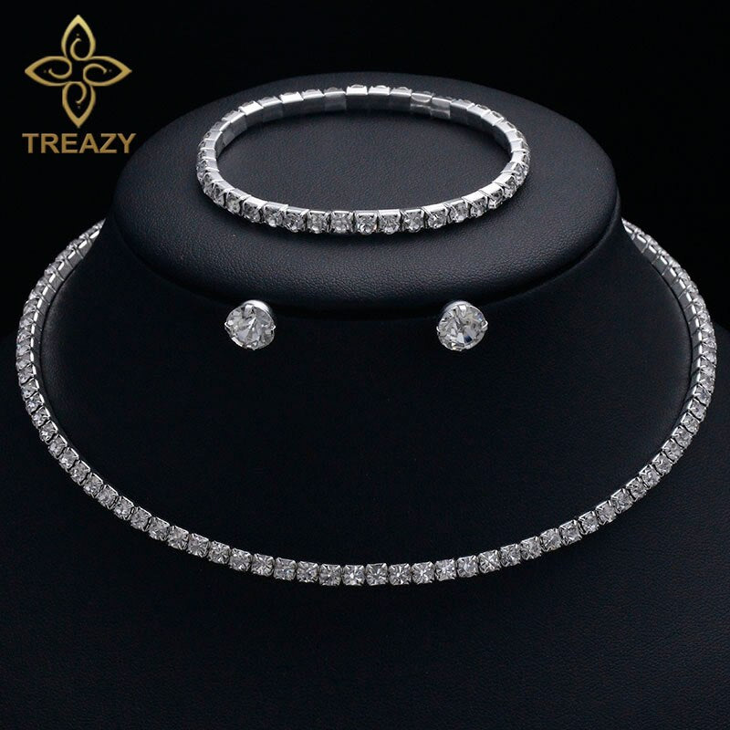 TREAZY Classic Rhinestone Crystal Choker Necklace Earrings and Bracelet African Wedding Jewelry Sets Bridal Wedding Accessories