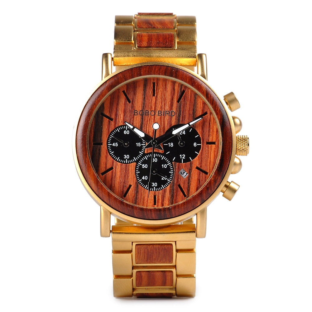 BOBO BIRD Wooden Stainless Steel Watch Men Water Resistant Timepieces Chronograph Quartz Watches relogio masculino Men&#39;s Gifts