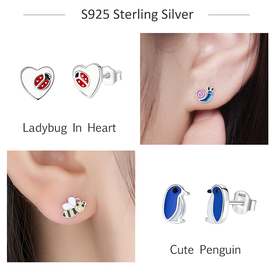 ELESHE Fashion 925 Sterling Silver Earrings Children Jewelry Red Enamel Animal Ladybug Small Stud Earrings For Kids Girls Baby