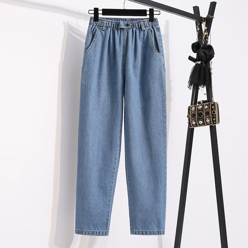 DIMANAF Women Clothing Jeans Long Pants High Waist Loose Cotton Denim Female Fashion Lady Elastic Waist Basic Blue Trousers