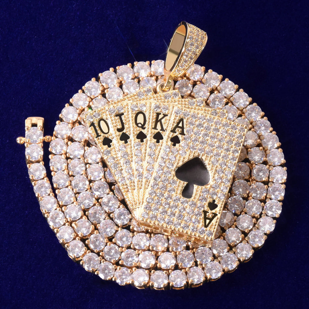 Poker Card Pendant Necklace Cubic Zircon Men&#39;s Hip Hop Rock Jewelry