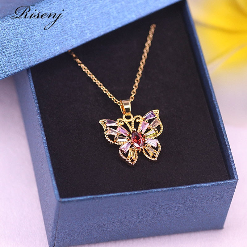 18K Gold Jewelry Set Butterfly Square With Mix Color/White AAA Zircon Jewelry Set  Stud Earrings Necklace Set