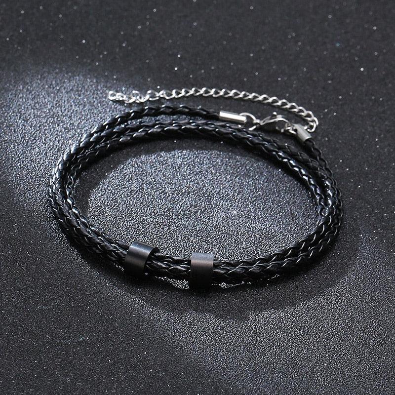 VNOX-BL-573BS Customized Bracelet - Trendy Stainless Steel Link Chain with Leather - Perfect for Men