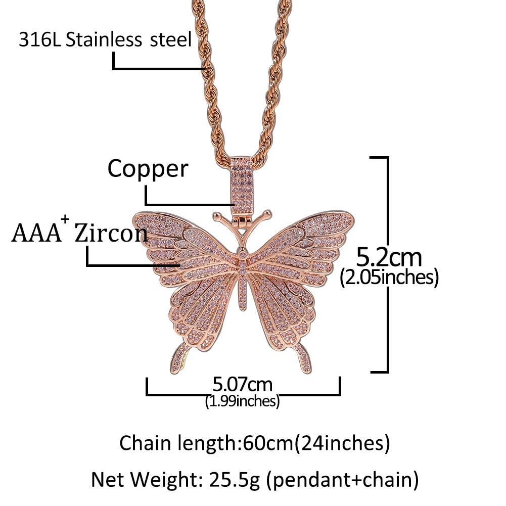 Uwin Iconic Butterfly Pendant 9mm Cuban Chain Cubic Charm Pink Tennis Chain Necklace Men Women Hip Hop Jewelry Gift