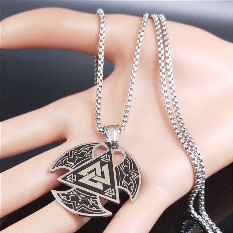 Norse Viking Valknut Necklace Stainless Steel Ax Pendant Necklace for Men Trinity Amulet Jewelry gargantilla N4022S02