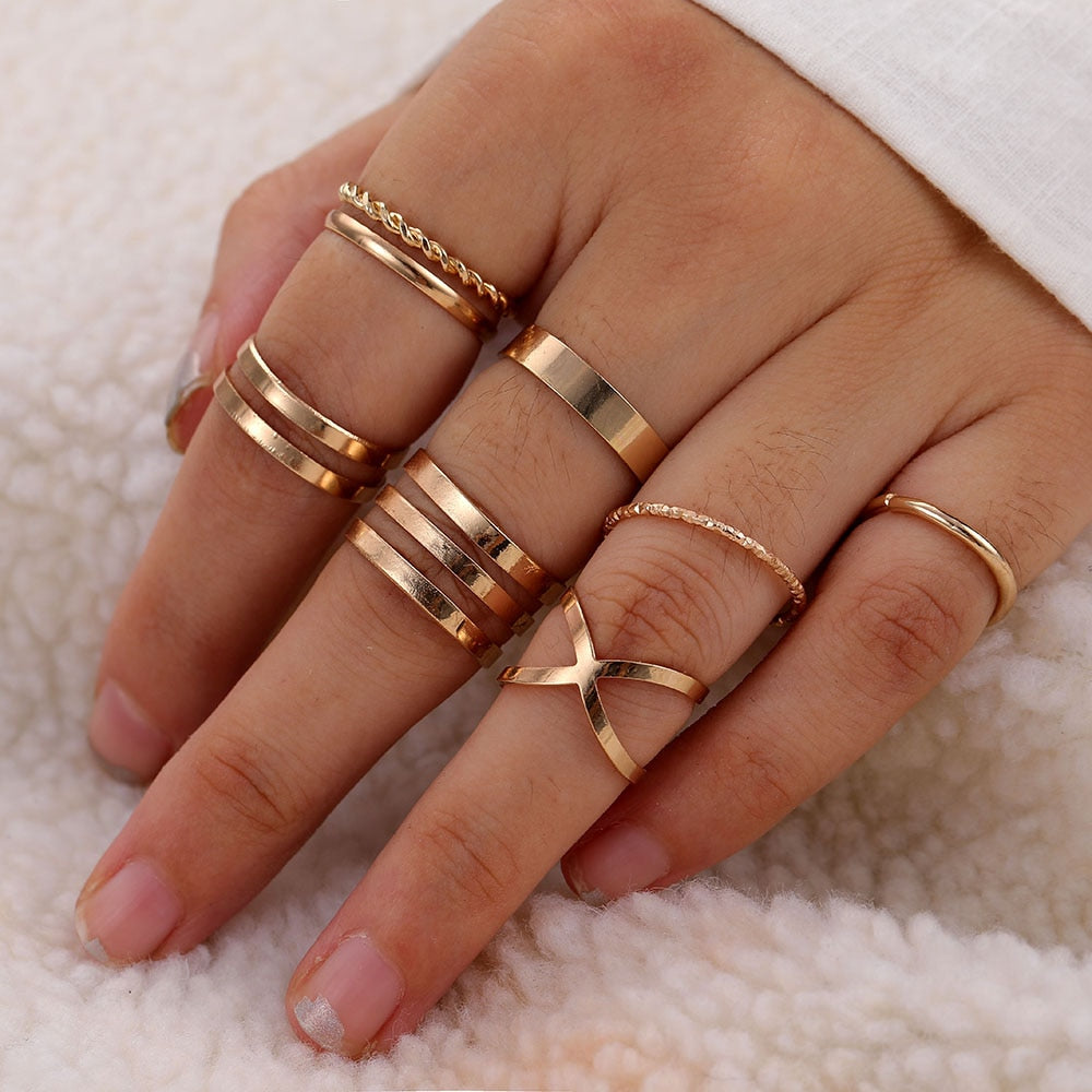 Women Twist Pearl Pearl Rings Set Fashion Geometric Hollow Crystal Ring For Women Heart Joint Rings Boho Jewelr Accessories