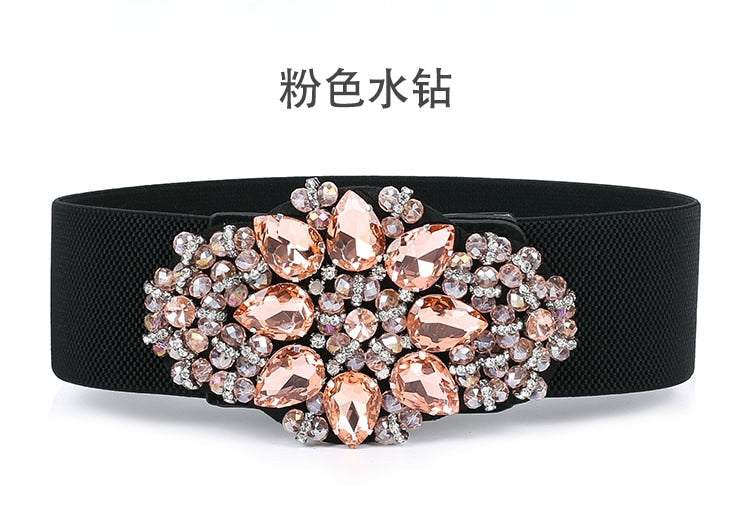 KASURE Luxury Shiny Diamond Wide Waist Belt For Woman Rhinestone Elastic Waistband Ladies Colorful Crystal Dress Decoration