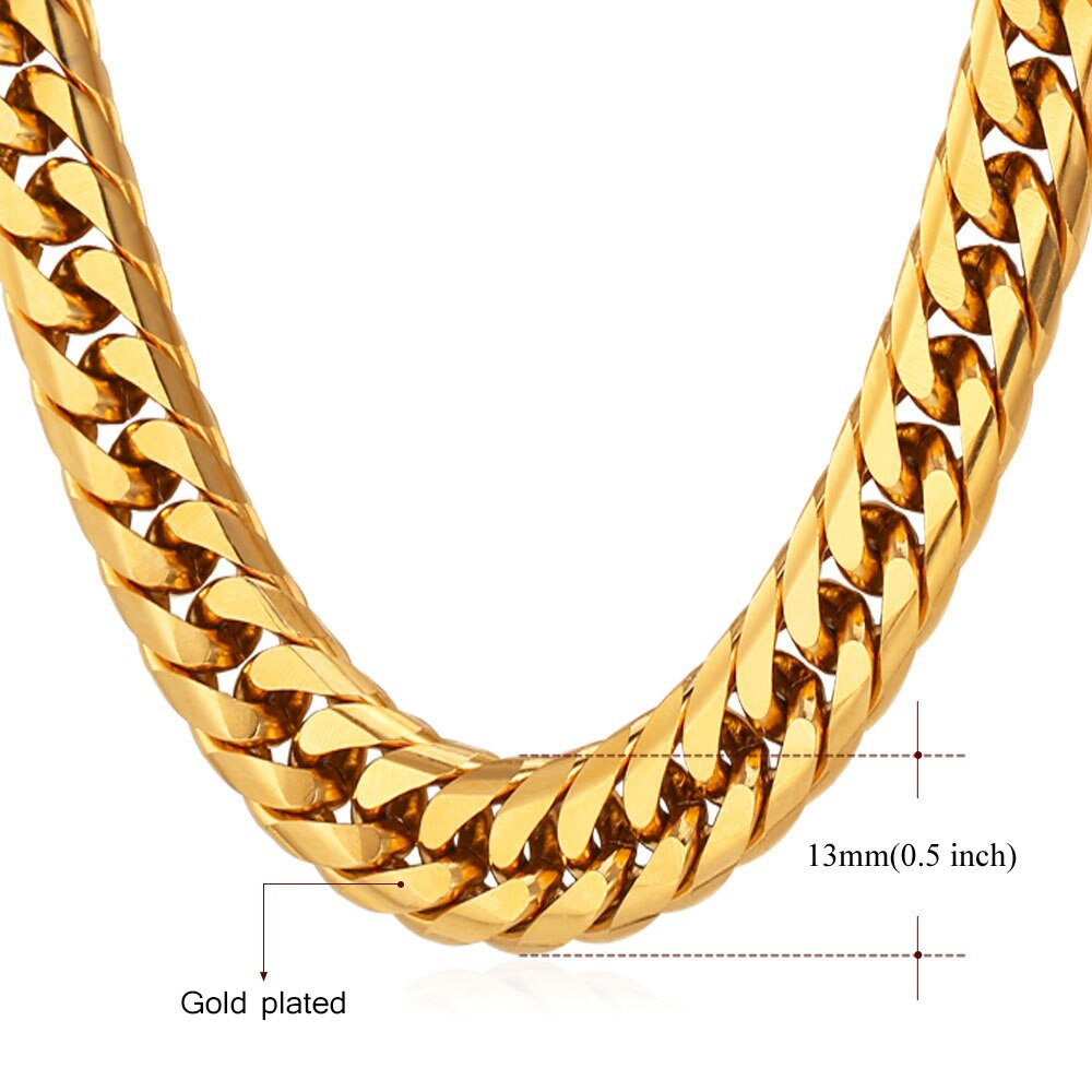 U7 Men Thick Chain Necklace Gold Chain 6/9/13MM Miami Cuban Chain Necklace 14&quot;-30&quot;  Stainless Steel Chunky Necklace N453