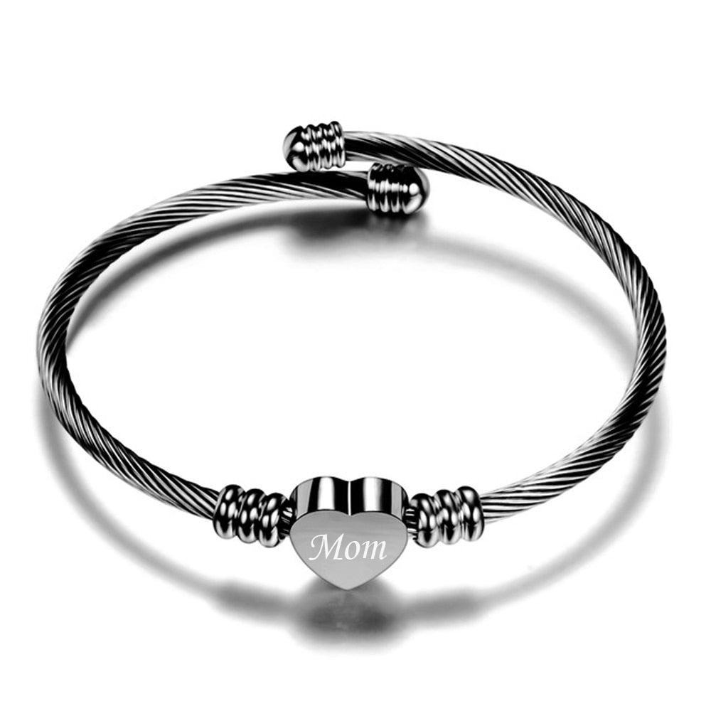 Customized Mom Gift - New Stainless Steel Heart Charm Cuff Bracelet - Perfect for Friends and Family