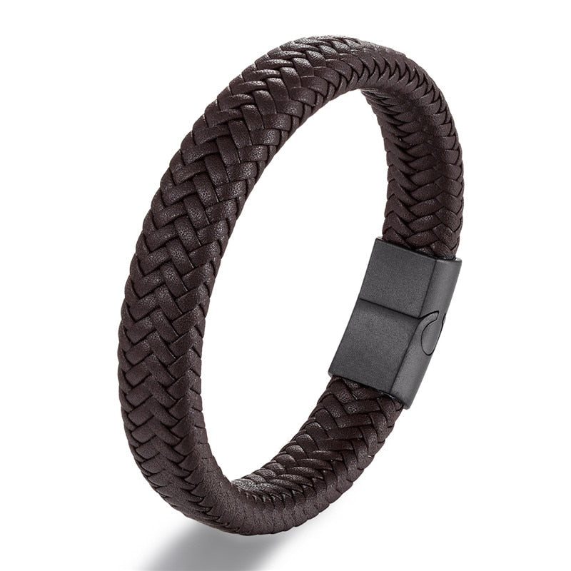 MKENDN Punk Men Leather Bracelet Black Stainless Steel Magnetic Clasp Braided Woven Bangle Pulseras lovers&#39; gift