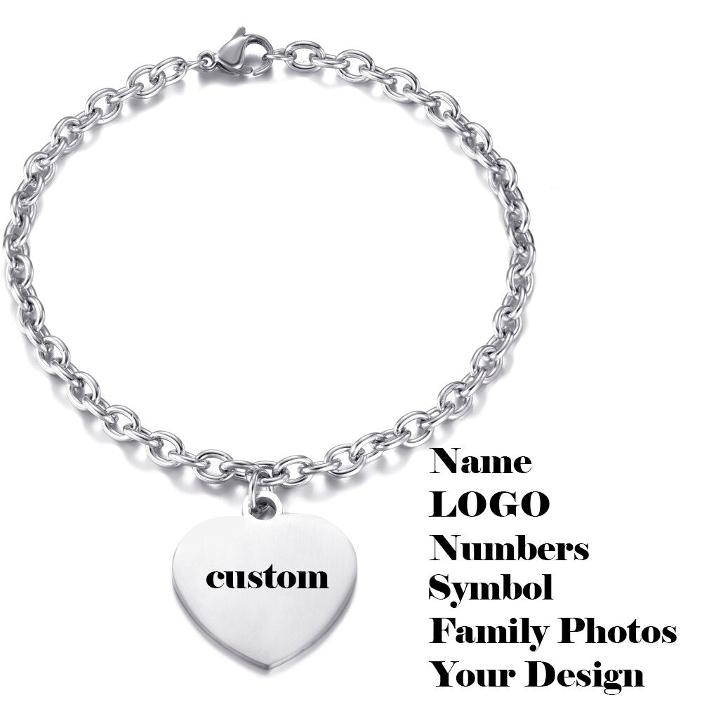 Customized Bracelet For Men Women Stainless Steel Heart Round Charm Trend Jewelry Engraving Photos Name Logo Bracelets Gift