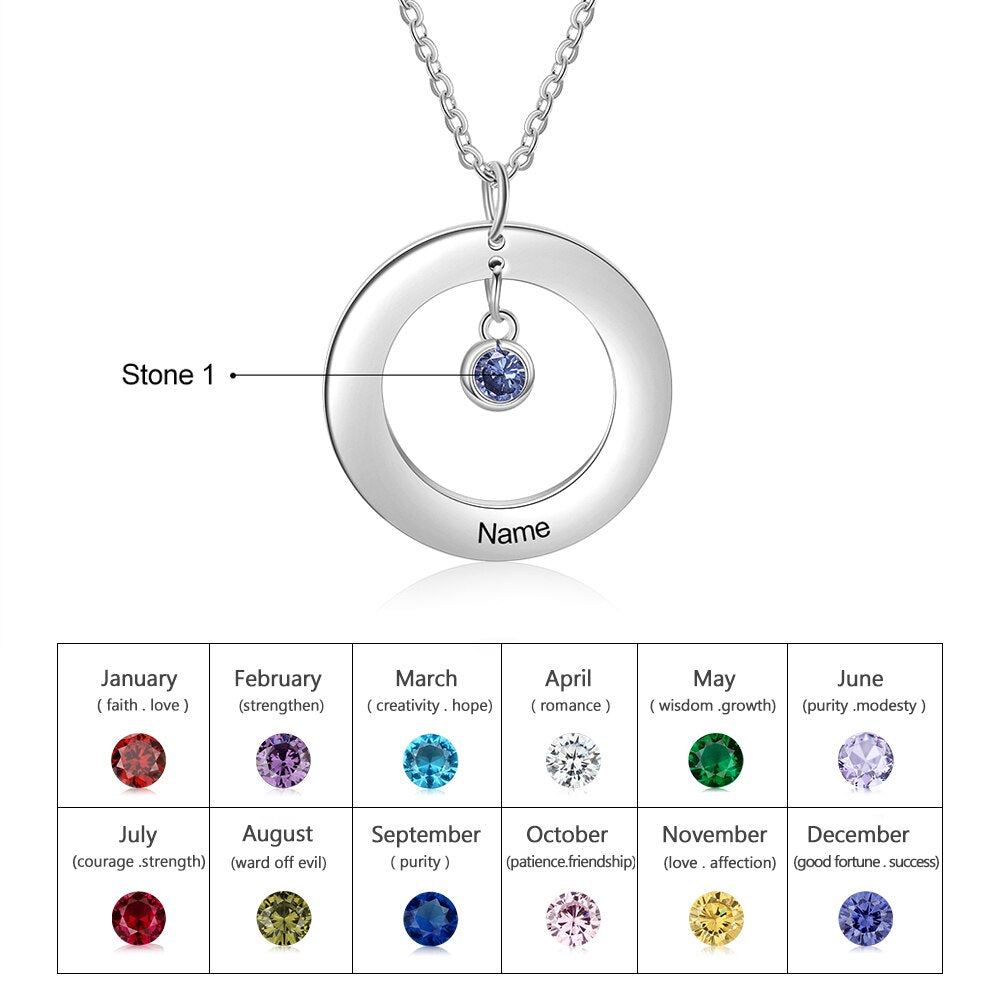 Personalized Stainless Steel Circle Necklace with 1-3 Birthstones Custom Name Engraved Round Pendant Necklace for Women /Mother