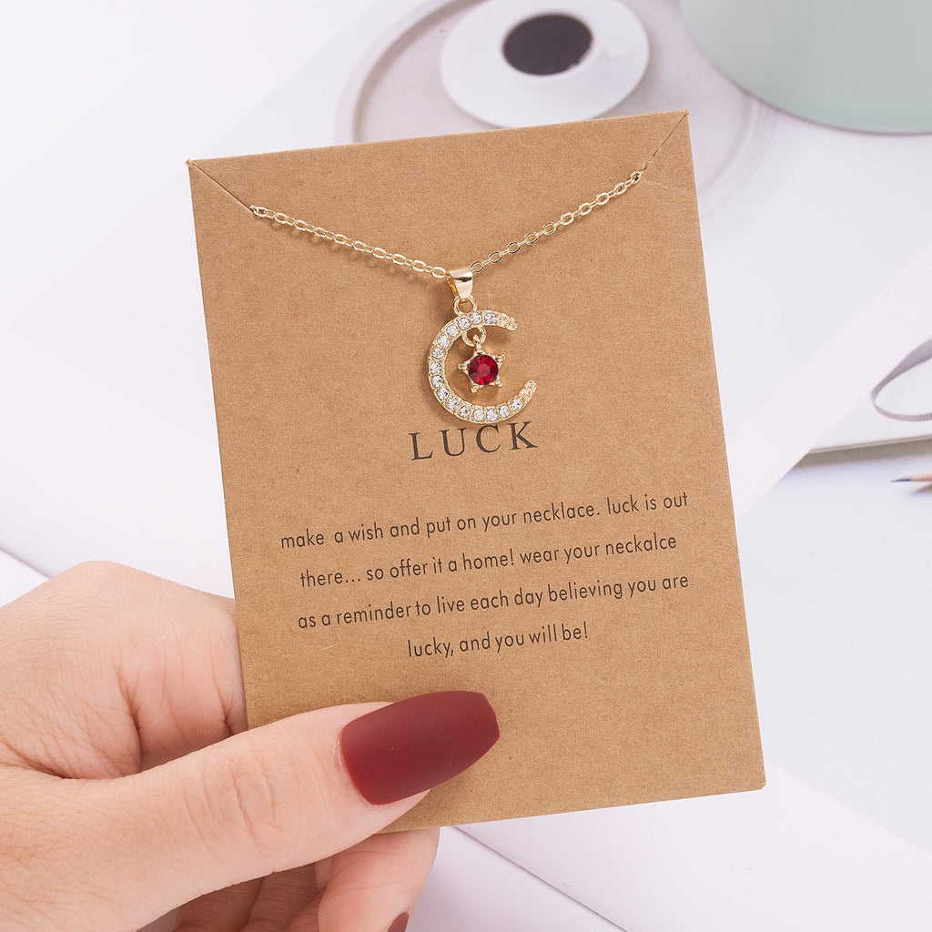 Moon Star Crystal Birthstone Pendant Necklace For Women Choker Mom Birthday Jewelry Gift Gold Color Clavicle Chain Wish Card.