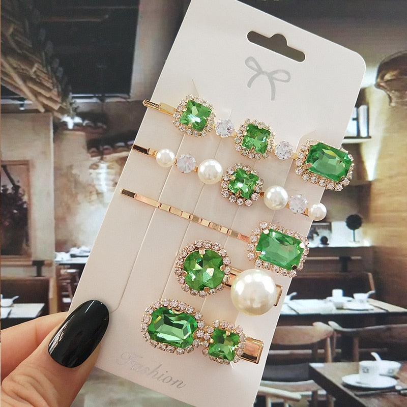 Women Hair Clips Set Jewelry Fashion Green Crystal Hair Accessories Luxury Simulation Pearl Barrette Pin For Girl Gift Ornaments