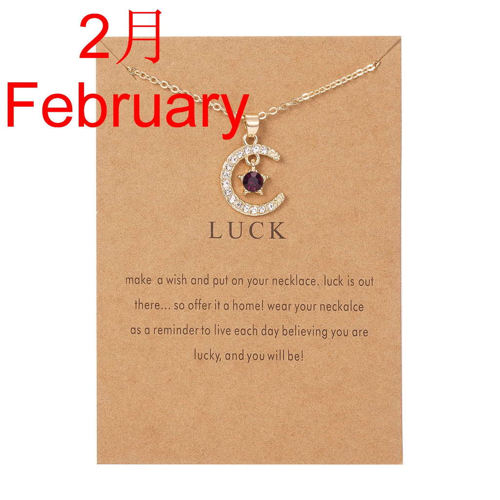 Moon Star Crystal Birthstone Pendant Necklace For Women Choker Mom Birthday Jewelry Gift Gold Color Clavicle Chain Wish Card.