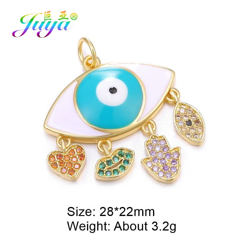 Juya DIY Luxury Multicolor Cubic Zirconia Enamel Greek Evil Eye Charms For Handmade Women Fashion Pendant Turkish Jewelry Making