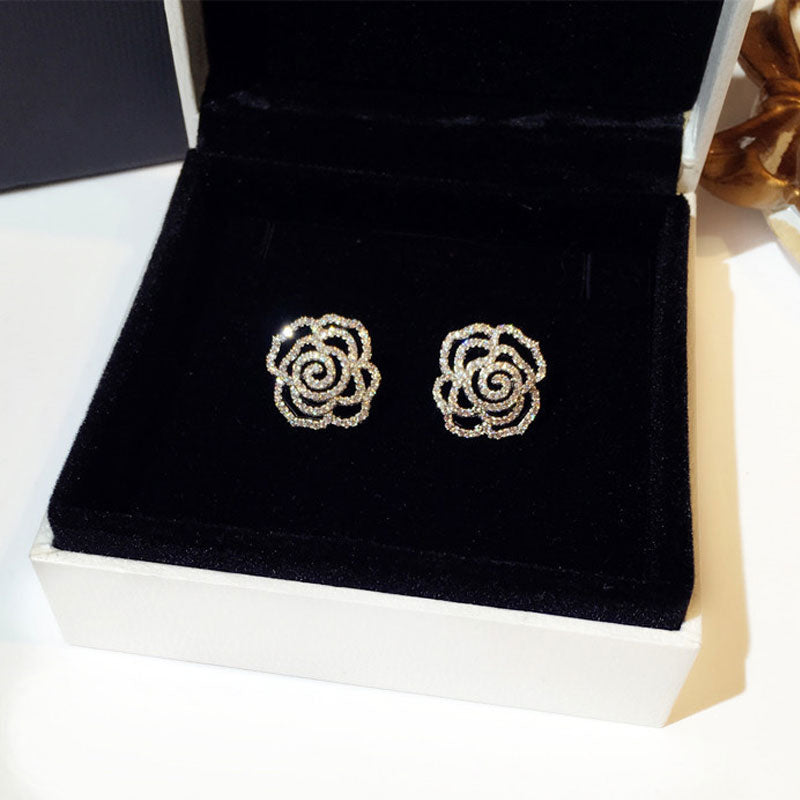 Elegant Women's Rose Quality Earrings With Full Crystal Flowers only or with Pearl.