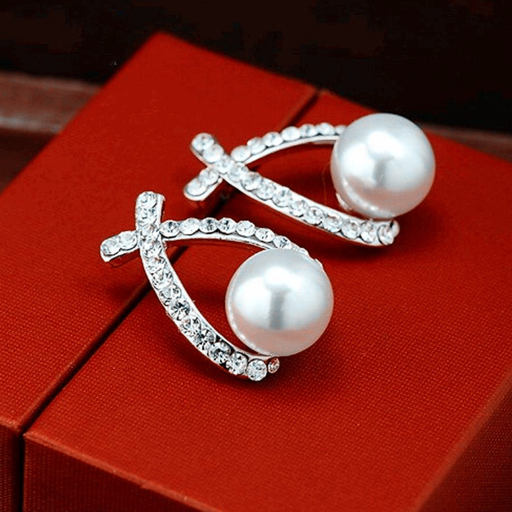 Korea New Fashion Gold Silver Color Cross Crystal Stud Earrings for Women Elegant Cute Pearl Earrings Brincos Jewelry Wholesale