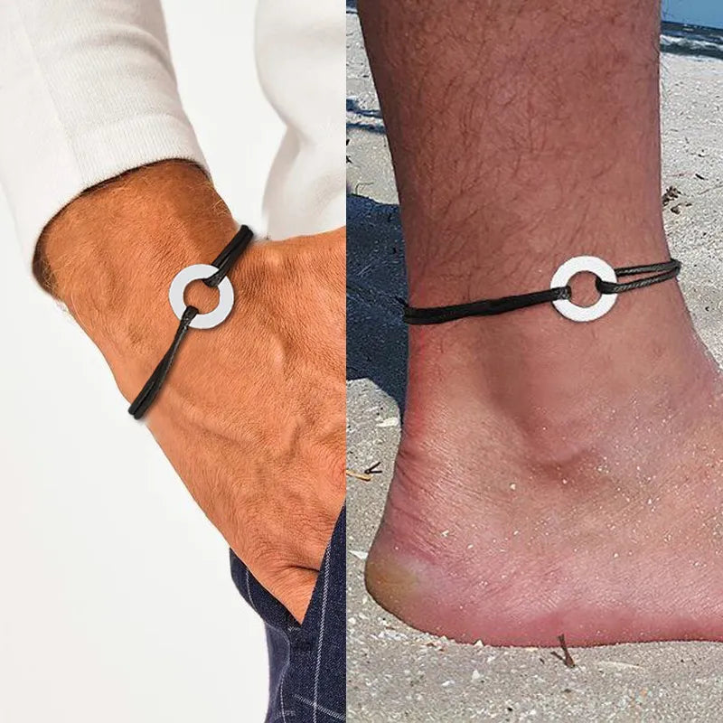 CIRCLE CHARM ROPE ANKLETS FOR MEN BLACK ROPE WITH SILVER COLOR CIRCLE ADJUSTABLE BRACELET UNISEX JEWELRY