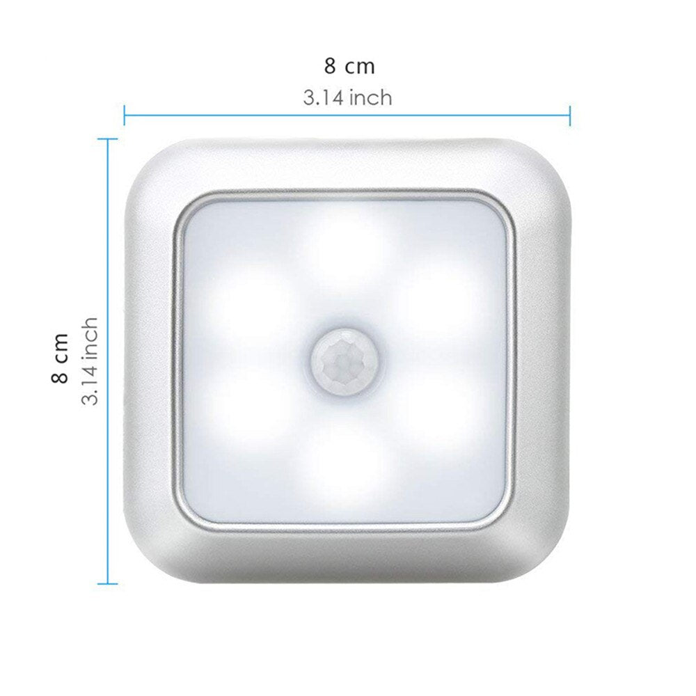 Battery Powered 6 LED Square Motion Sensor Night Lights PIR Induction Under Cabinet Light Closet Lamp Stairs Kitchen Bedroom