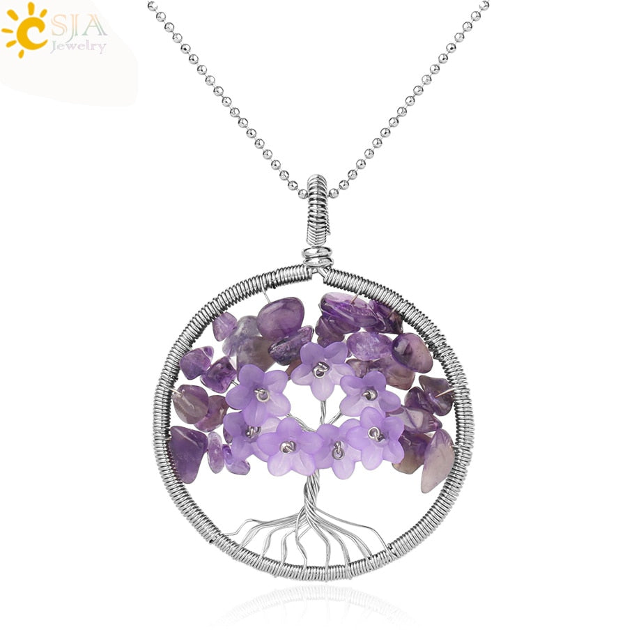 CSJA's Silver-Colored Tree of Life Pendant Necklace with Natural Stone - Wire-Wrapped Quartz Crystal Chip Bead Flower - Reiki Jewelry for Women - Model G306