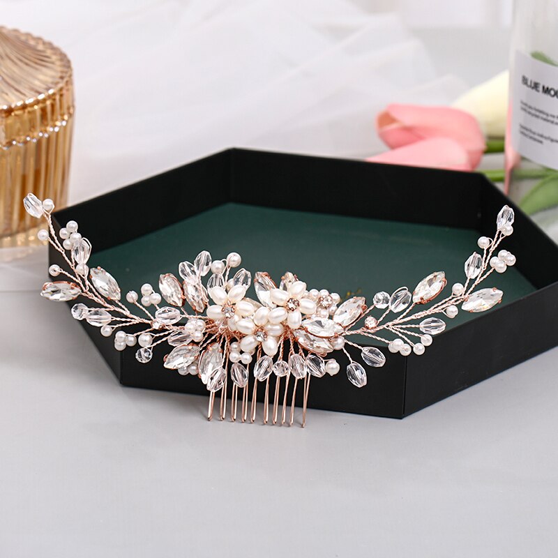 Fashion Rose Gold Wedding Hair Comb Flower Tiara Handmade Pearl Rhinestone Headdress Prom Bridal Hair Jewelr Accessories