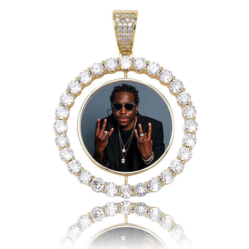 TOPGRILLZ Custom Made Photo Rotating Double-sided Medallions Pendant Necklace With 4mm Tennis Chain Zircon Men&#39;s Hip Hop Jewelry